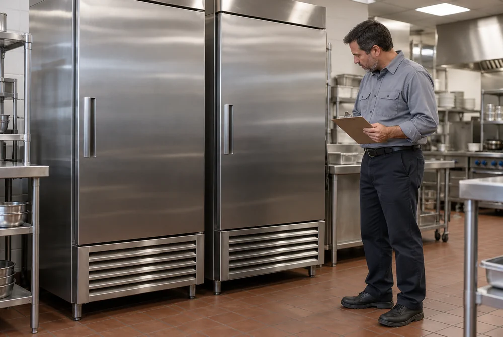 Illustrative facilities manager reviewing closed commercial refrigerator cabinets and their intact lower ventilation grilles