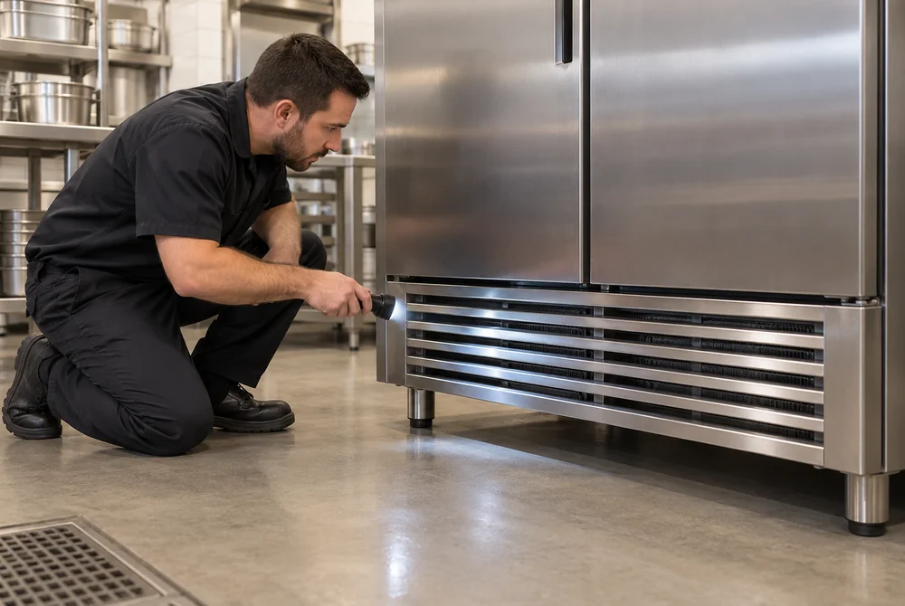Illustrative service person observing an intact commercial refrigerator intake grille with a flashlight from outside the guarded opening