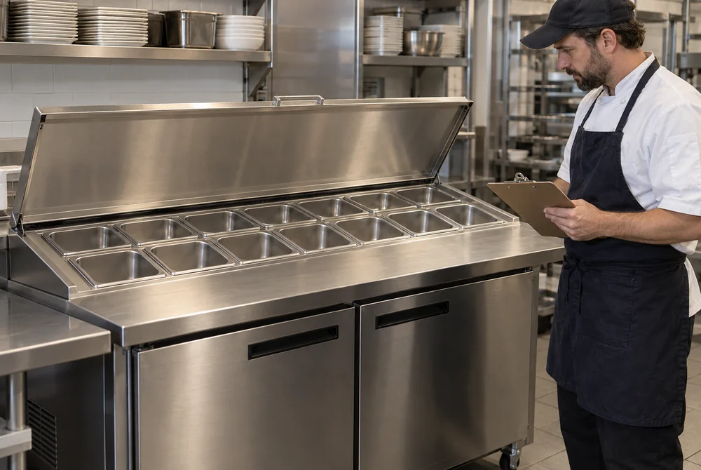 Kitchen manager checks a refrigerated prep table with matching empty pans seated in the rail before closing.