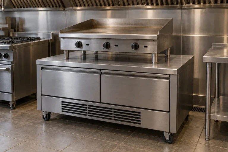 Separate countertop griddle on metal support legs above a refrigerated chef base, with the front grille exposed in a commercial cookline.