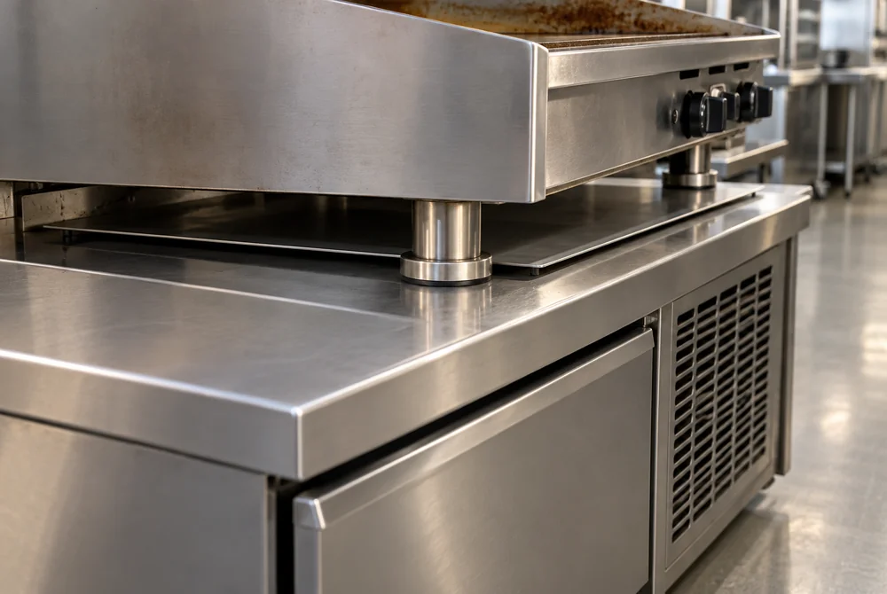 Close view of griddle support legs and an illustrative heat-protection plate above a refrigerated chef-base top, beside an exposed grille.