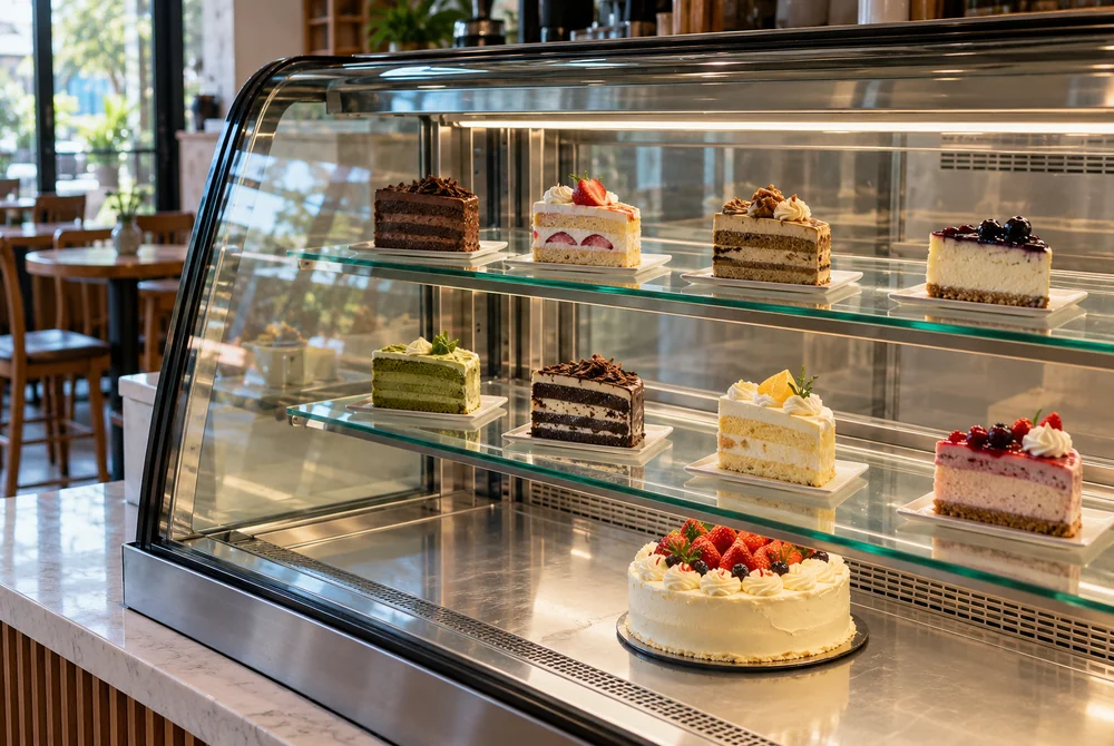 Cake slices on separate trays across shelves of a generic enclosed refrigerated bakery display, with clear space around the products.