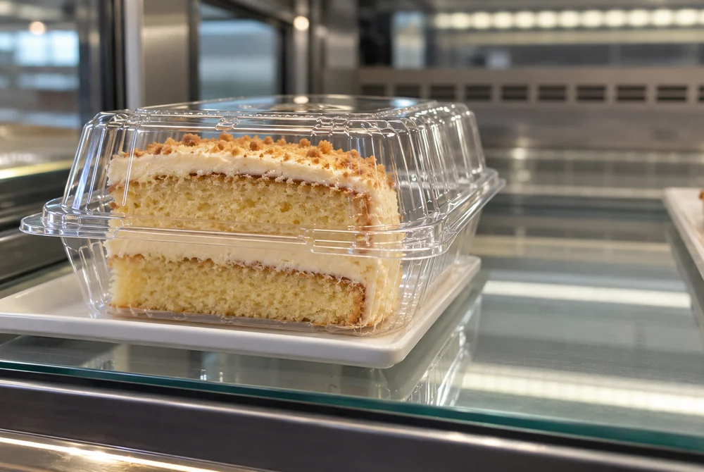 Close view of a layered cake slice in a closed clear clamshell container on a bakery display shelf, with open surrounding space.
