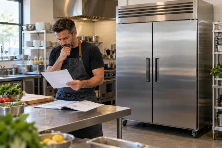Restaurant operator reviewing equipment documentation beside a closed commercial reach-in refrigerator.