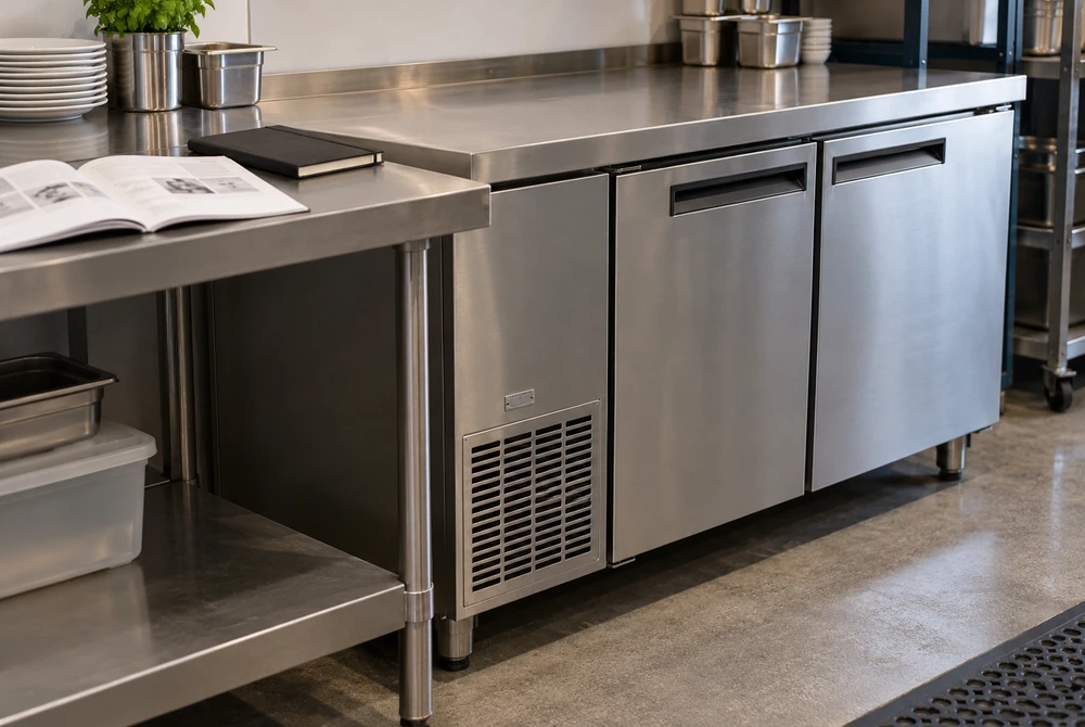 Intact commercial undercounter refrigerator with an exterior nameplate and equipment documentation nearby.