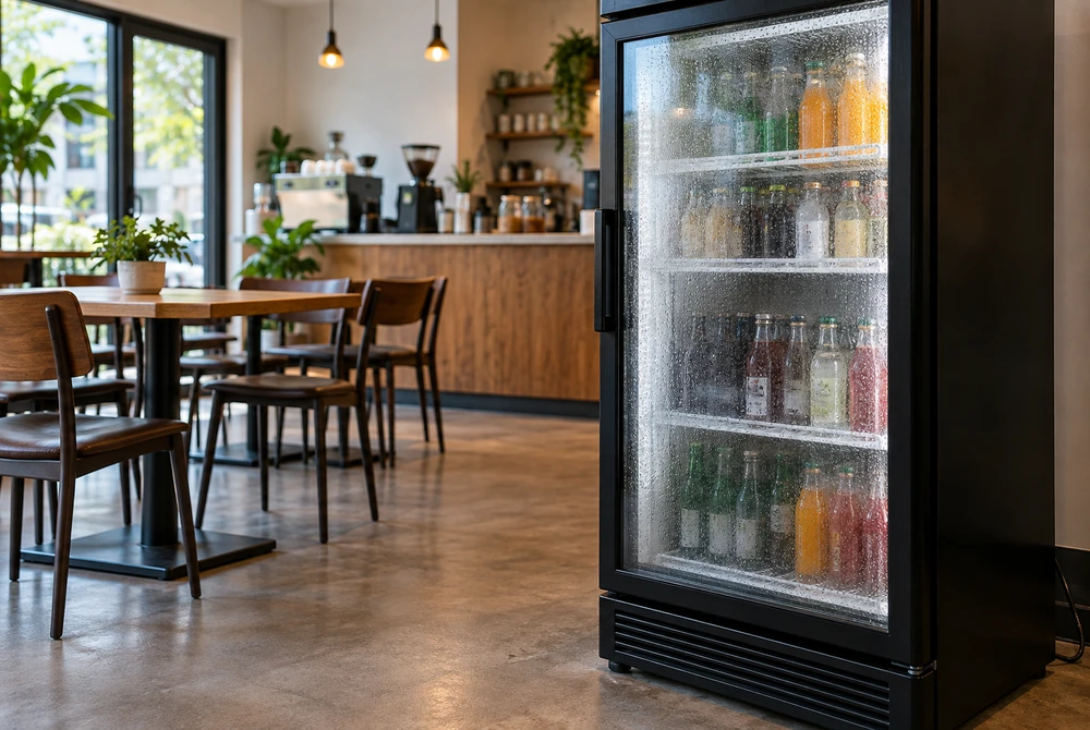 Closed commercial beverage refrigerator with droplets visible on the exterior glass in a cafe.