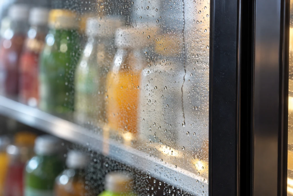 Close view of natural water droplets on an intact commercial refrigerator viewing door and frame.